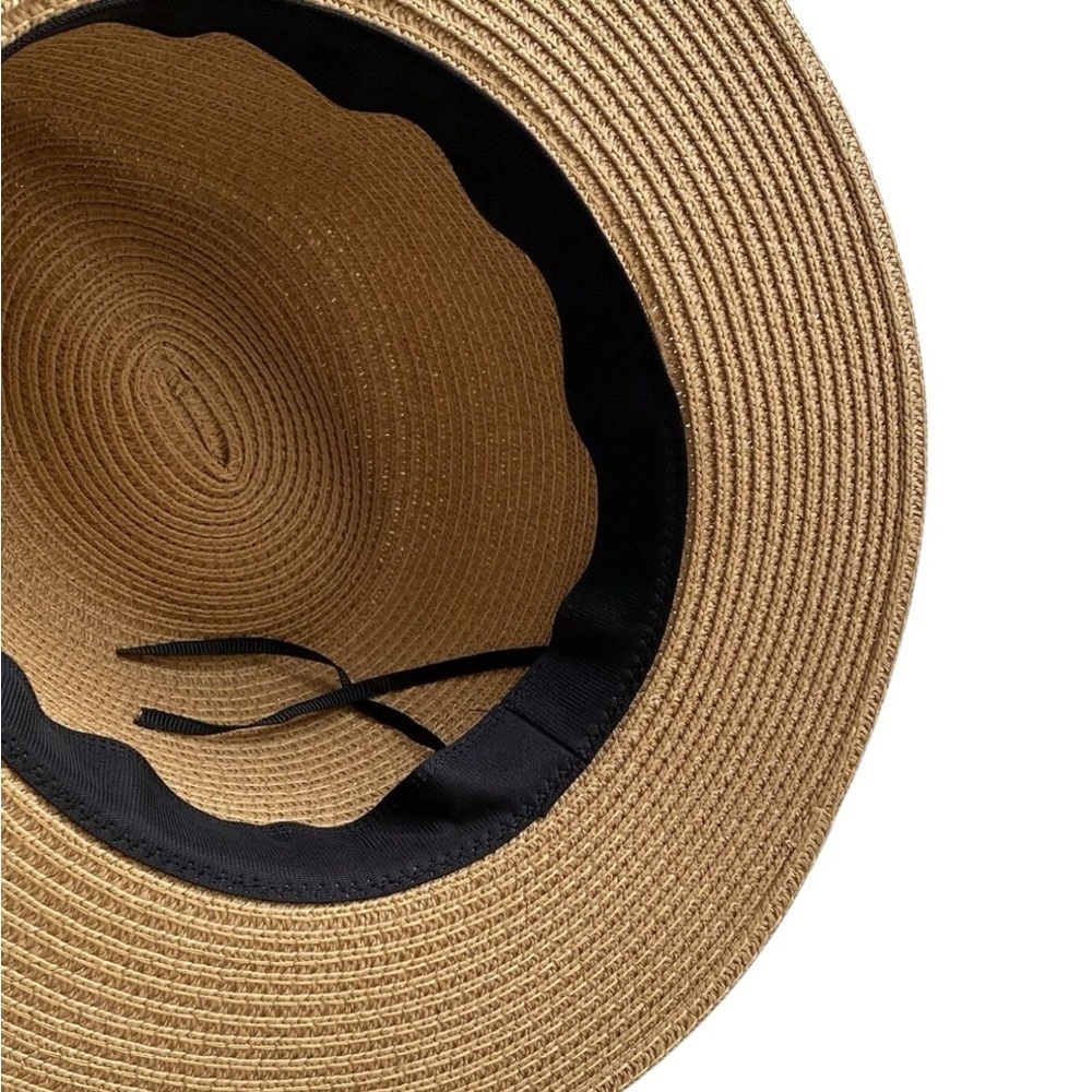 Straw Sun Hat Tan Fedora with Black Sash New with Tags One Size Adjustable Band - Picture 8 of 15